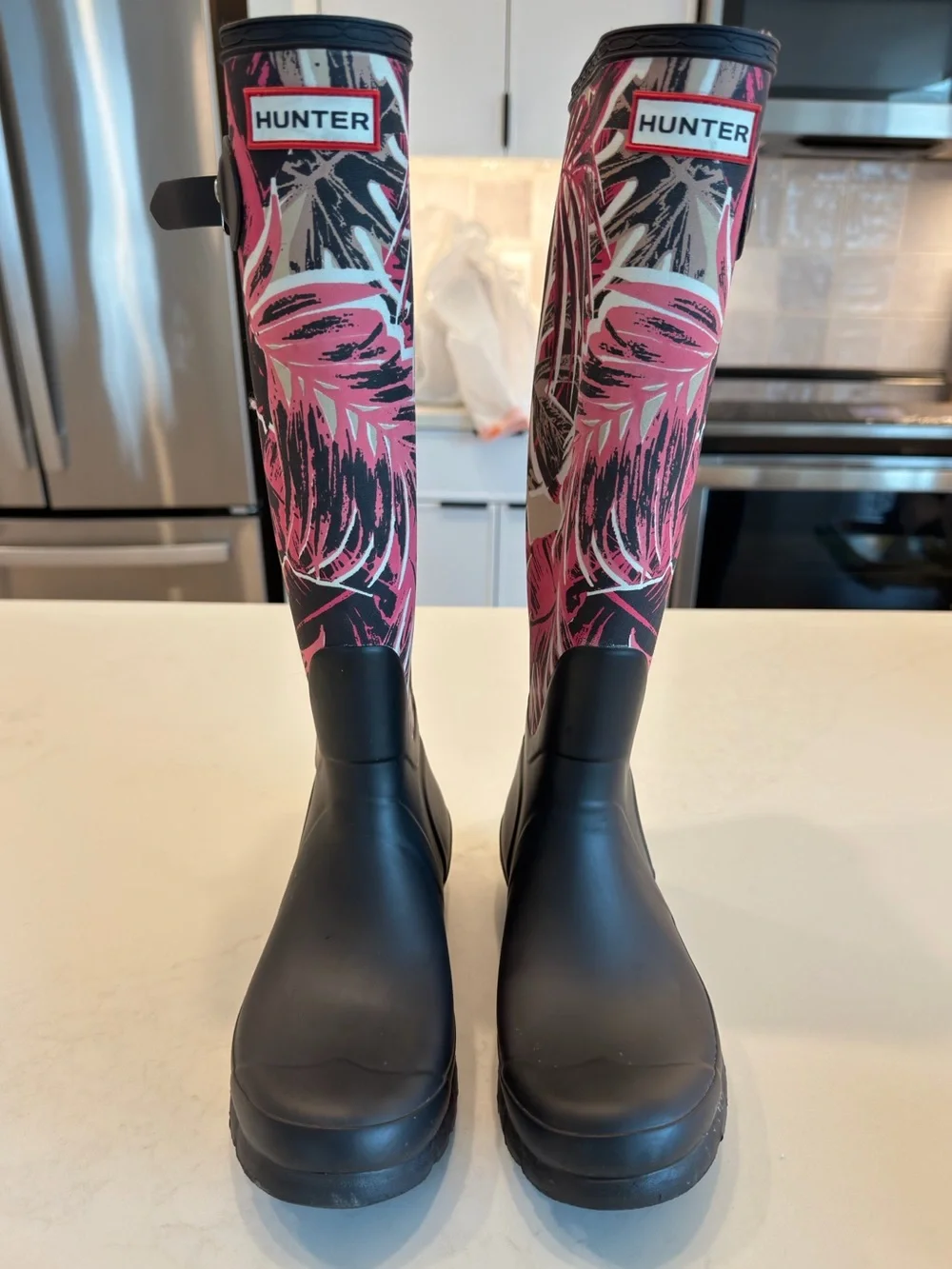 Hunter Black & Pink Tropical Tall Rain Boots